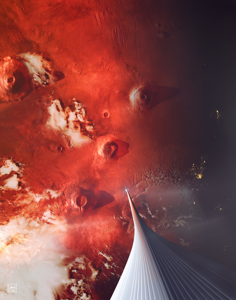Illustration for article titled Here's what a Martian space elevator might actually look like
